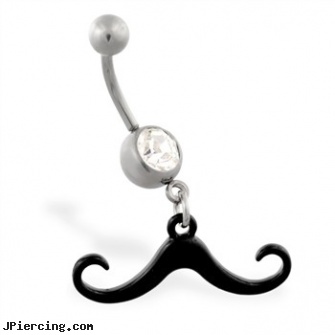Jeweled belly ring with Dangling Black Mustache, jeweled belly rings, 18g jeweled labrets, jeweled labrets, cheerleader belly rings, magnetic belly rings