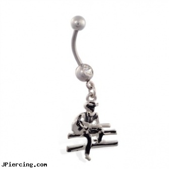 Jeweled belly ring with dangling cowboy on fence, jeweled labrets, jeweled belly rings, jeweled navel slave rings, belly button piercing info, scorpion belly button ring