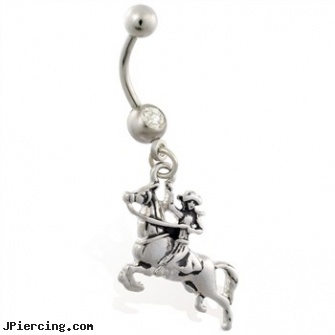 Jeweled belly ring with dangling cowboy riding horse, jeweled belly rings, gold jeweled labret ring, jeweled navel slave rings, belly rings gold, non piercing belly button ring