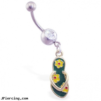 Jeweled belly ring with dangling green flipflop with flowers, gold jeweled labret ring, jeweled navel slave rings, jeweled labrets, star belly button rings, gold belly button rings