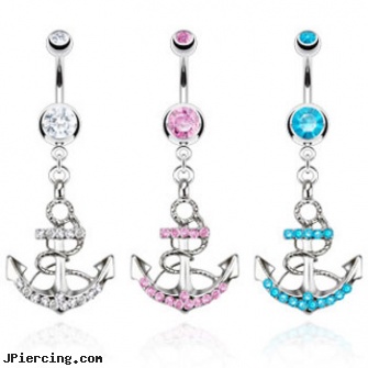 Jeweled belly ring with dangling jeweled anchor, jeweled belly rings, 18g jeweled labrets, jeweled labrets, wholesale belly rings, home belly button piercing