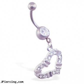 Jeweled belly ring with dangling jeweled fancy heart, 18g jeweled labrets, jeweled navel slave rings, jeweled belly rings, belly button rings or navel rings, piercing your own belly button