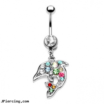 Jeweled belly ring with dangling multi-color dolphin, jeweled labrets, gold jeweled labret ring, jeweled belly rings, dangling belly rings, belly button piercing healing time