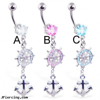 Jeweled belly ring with dangling ship\'s wheel and anchor, jeweled navel slave rings, 18g jeweled labrets, jeweled labrets, belly button ring care, playboy belly rings