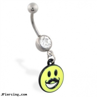 Jeweled belly ring with Dangling Smiley Face with Mustache, jeweled belly rings, gold jeweled labret ring, jeweled navel slave rings, belly buttons navel piercings, risks of belly button piercings