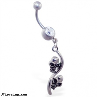 Jeweled belly ring with double skull dangle, 18g jeweled labrets, jeweled belly rings, jeweled navel slave rings, diamond belly ring, belly button piercings and the risks involved