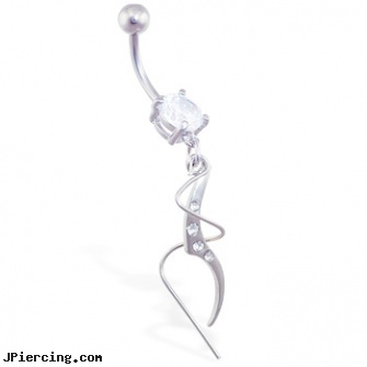 Jeweled belly ring with wavy CZ and twisted steel dangle, jeweled navel slave rings, jeweled belly rings, gold jeweled labret ring, skull belly button ring, platinum belly rings