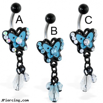 Jeweled butterfly belly ring with dangling stones, gold jeweled labret ring, jeweled labrets, jeweled belly rings, 14 butterfly belly rings photos, iron butterfly body piercings shop