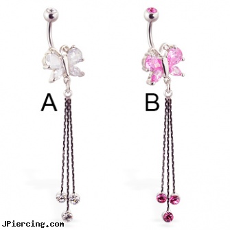 Jeweled butterfly navel ring with dangling chains and gems, jeweled labrets, 18g jeweled labrets, gold jeweled labret ring, butterfly pics, butterfly vagina tatoo piercing