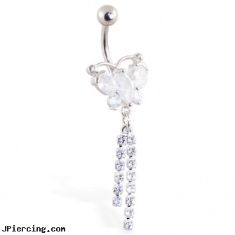 Jeweled butterfly navel ring with jeweled dangles, jeweled belly rings, jeweled navel slave rings, gold jeweled labret ring, butterfly tongue rings, uv butterfly gem navel belly ring