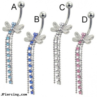 Jeweled dragonfly belly button ring with three dangles, jeweled navel slave rings, 18g jeweled labrets, jeweled labrets, dragonfly belly button ring purple, belly button ring jews