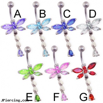 Jeweled dragonfly belly ring with teardrop dangle, jeweled navel slave rings, jeweled labrets, jeweled belly rings, dragonfly belly button ring purple, belly dancing jewelry