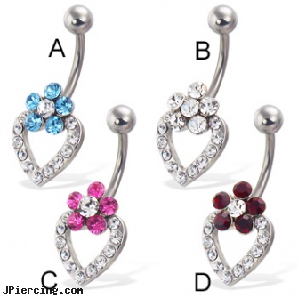 Jeweled flower and heart belly button ring, jeweled belly rings, jeweled labrets, 18g jeweled labrets, flower nipple shields, flower shaped labret jewerly