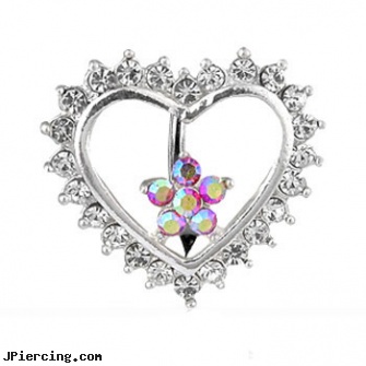 Jeweled flower and heart reversed belly ring, jeweled belly rings, gold jeweled labret ring, 18g jeweled labrets, flower belly ring, flower nipple shields