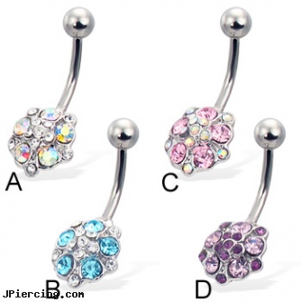 Jeweled flower belly button ring, jeweled labrets, jeweled navel slave rings, jeweled belly rings, flower pics, flower shaped labret jewerly
