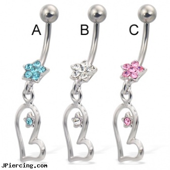 Jeweled flower navel ring with star on dangling asymmetric heart, 18g jeweled labrets, jeweled labrets, jeweled belly rings, flower belly ring, flower nipple shields