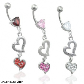 Jeweled heart belly ring dangling double hearts, 18g jeweled labrets, jeweled belly rings, jeweled navel slave rings, tongue piercing and hole in the heart, body jewelry blue heart