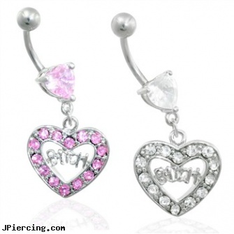 Jeweled heart belly ring with dangling heart and \"BITCH\", jeweled belly rings, jeweled labrets, jeweled navel slave rings, heart tattoos, sacred heart tatoo and body piercings