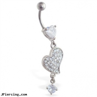 Jeweled heart belly ring with dangling heart and gem, jeweled labrets, gold jeweled labret ring, jeweled belly rings, body jewelry blue heart, sacred heart tatoo and body piercings