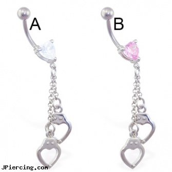 Jeweled heart belly ring with dangling heart handcuffs, jeweled labrets, 18g jeweled labrets, jeweled navel slave rings, tongue piercing and hole in the heart, steel my heart jewlry