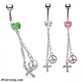 Jeweled heart belly ring with dangling jeweled peace sign and cross, jeweled navel slave rings, gold jeweled labret ring, 18g jeweled labrets, sacred heart tatoo and body piercings, tongue piercing and hole in the heart