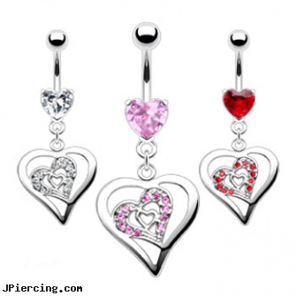 Jeweled heart belly ring with dangling triple heart, jeweled belly rings, jeweled navel slave rings, 18g jeweled labrets, heart shaped belly button ring, body jewelry blue heart