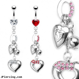 Jeweled heart navel ring with dangling jeweled hearts, jeweled navel slave rings, jeweled belly rings, gold jeweled labret ring, body jewelry blue heart, heart shaped belly button ring
