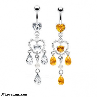 Jeweled heart navel ring with dangling large jeweled heart with stones, 18g jeweled labrets, gold jeweled labret ring, jeweled labrets, heart pics, heart tattoos