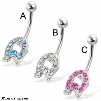 Jeweled horseshoe belly button ring, jeweled labrets, jeweled navel slave rings, gold jeweled labret ring, horseshoe body peircing, 18k 14k gold horseshoe body jewelry