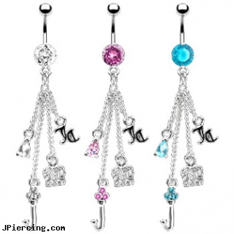 Jeweled navel ring with dangling chains and charms, gold jeweled labret ring, jeweled navel slave rings, 18g jeweled labrets, prices navel piercings, strawberry shortcake belly ring navel