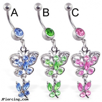 Jeweled navel ring with dangling jeweled butterflies, jeweled navel slave rings, 18g jeweled labrets, gold jeweled labret ring, navel piercing barbell titanium, witchcraft navel jewelry