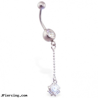 Jeweled navel ring with dangling jeweled cube, jeweled belly rings, 18g jeweled labrets, jeweled labrets, piercing navel, information on navel piercings