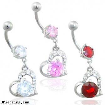 Jeweled navel ring with dangling jeweled heart with large gem, 18g jeweled labrets, jeweled labrets, jeweled belly rings, infected navel piercings, 14kt gold navel jewelry jewelry deep