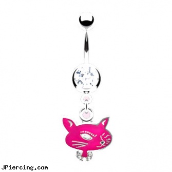 Jeweled navel ring with dangling pink cat, gold jeweled labret ring, 18g jeweled labrets, jeweled belly rings, photo of girls navel, titanium navel piercing