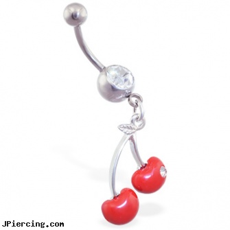 Jeweled navel ring with dangling red cherries with gem, jeweled navel slave rings, gold jeweled labret ring, jeweled belly rings, tinkerbell belly ring navel, reverse loop navel rings