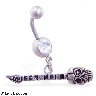 Jeweled navel ring with dangling skull guitar, jeweled navel slave rings, gold jeweled labret ring, 18g jeweled labrets, navel peircing, real diamond navel jewelry
