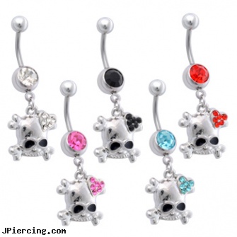 Jeweled Navel Ring with Dangling Skull with Jeweled Heart, 18g jeweled labrets, gold jeweled labret ring, jeweled labrets, navel piercing info, jewelry rings navel rings