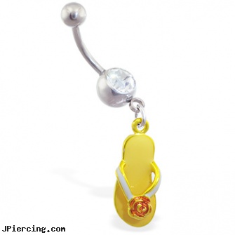 Jeweled navel ring with dangling yellow flipflop with flower, jeweled navel slave rings, 18g jeweled labrets, jeweled belly rings, belly navel ring, cincinnati navel piercing
