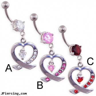 Jeweled navel ring with heart dangle, jeweled navel slave rings, jeweled labrets, 18g jeweled labrets, navel jewelry, 6mm navel ring