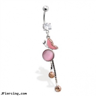 Jeweled navel ring with jeweled butterfly and dangling pink cz\'s, jeweled labrets, 18g jeweled labrets, gold jeweled labret ring, navel piercing thin, sterling silver navel jewelry