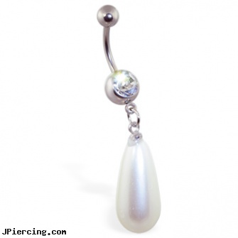 Jeweled Navel Ring with Large Dangling Teardrop Pearl, gold jeweled labret ring, jeweled navel slave rings, jeweled belly rings, dolphin navel ring, titanium navel piercing