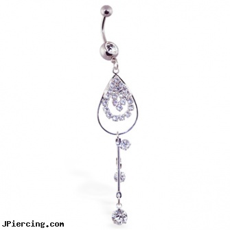 Jeweled navel ring with long jeweled teardrop dangle, gold jeweled labret ring, jeweled navel slave rings, jeweled belly rings, nose navel tongue rings playboy, navel piercing ripping out