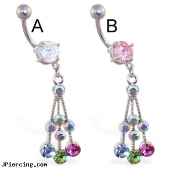 Jeweled navel ring with multi-color CZ dangle, gold jeweled labret ring, jeweled labrets, 18g jeweled labrets, versace navel ring, navel piercing video