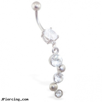 Jeweled navel ring with triple CZ bubbly dangle, jeweled labrets, gold jeweled labret ring, jeweled navel slave rings, prism navel ring, piercing navel take it out