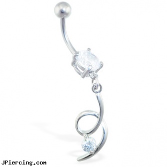 Jeweled navel ring with twisted CZ dangle, jeweled belly rings, 18g jeweled labrets, gold jeweled labret ring, navel piercing articles, sex position navel rings