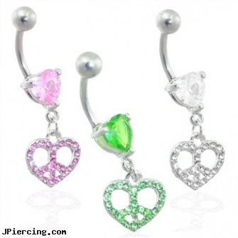 Jeweled peace heart belly ring, jeweled labrets, 18g jeweled labrets, jeweled navel slave rings, dangling heart belly button ring, heart pics