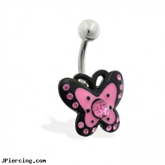 Jeweled pink and black butterfly belly ring, jeweled navel slave rings, jeweled labrets, gold jeweled labret ring, pink heart belly ring, pink nose piercing