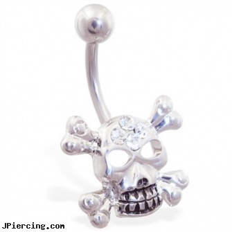 Jeweled skull belly ring with crossbones, 18g jeweled labrets, jeweled belly rings, gold jeweled labret ring, skull labrets, skull navel ring