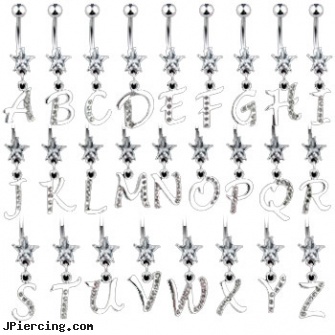 Jeweled star belly ring with dangling jeweled letter, jeweled labrets, gold jeweled labret ring, 18g jeweled labrets, star eyebrow barbell, dangling nipple jewelry stars