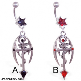 Jeweled star navel ring with dangling dragon and cross, jeweled navel slave rings, gold jeweled labret ring, 18g jeweled labrets, sterling silver starter studs, star belly button rings